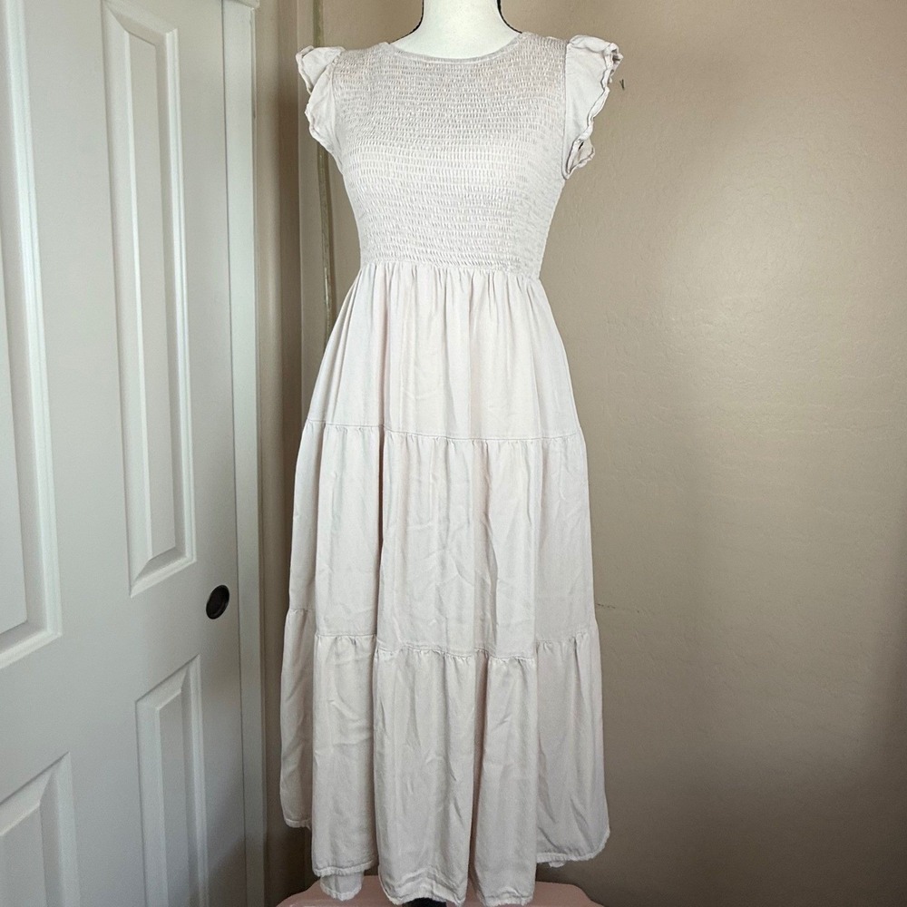 ZESICA‎ Smocked Tiered Midi Dress Womens Small Beige Peasant Flutter Sleeve